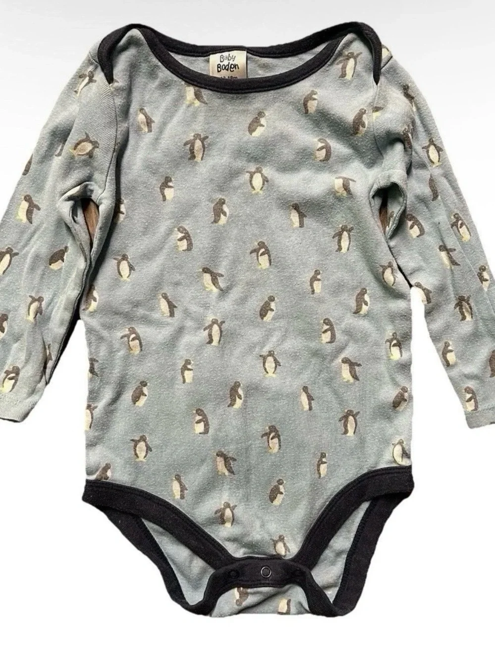 Baby Boden Long Sleeve Bodysuit Blue Penguins Size 12-18 Months